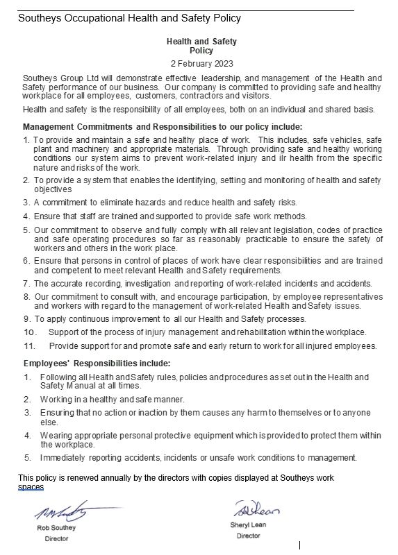 Southeys Health and Safety Policy 2023